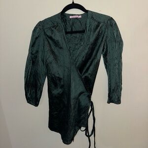 Calypso by Christian Celle Dark Green Wrap Top | 100% Silk (Size S)